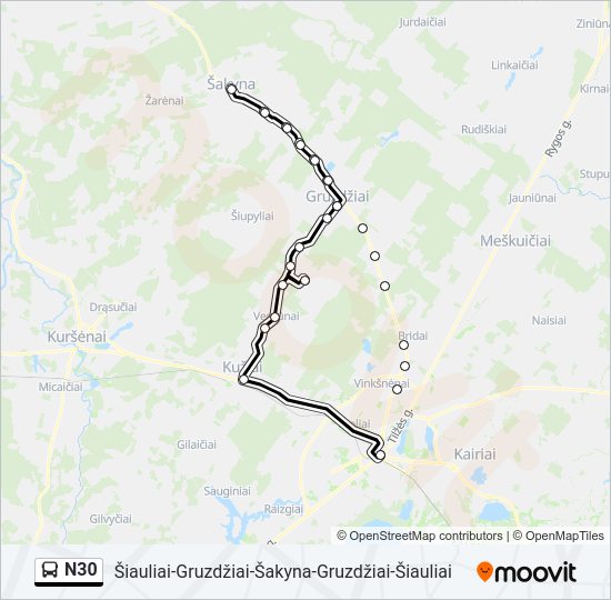 N30 autobusas kelionės žemėlapis