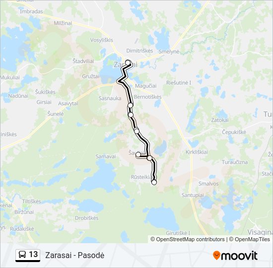 13 autobusas kelionės žemėlapis