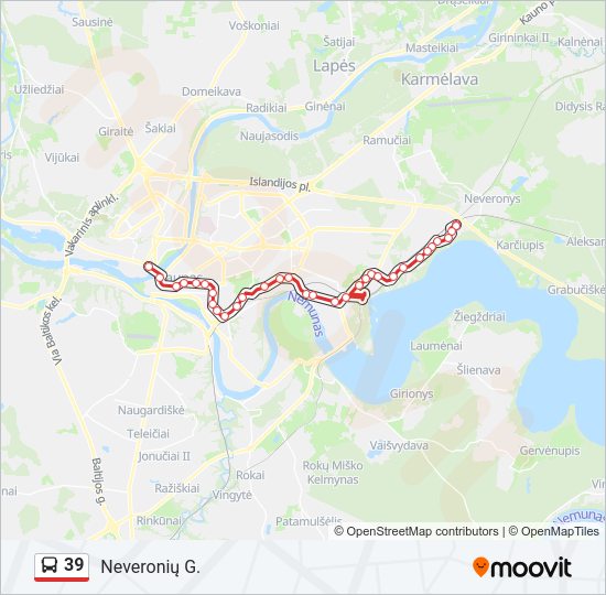 39 autobusas kelionės žemėlapis
