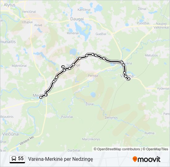 55 autobusas kelionės žemėlapis