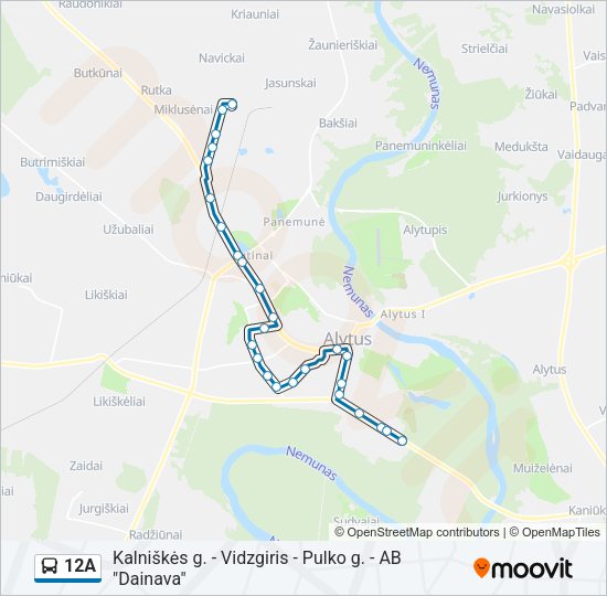 12A autobusas kelionės žemėlapis