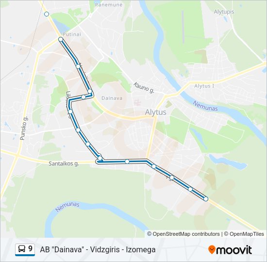 9 autobusas kelionės žemėlapis