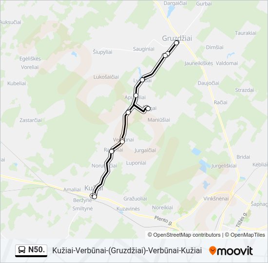 N50. autobusas kelionės žemėlapis