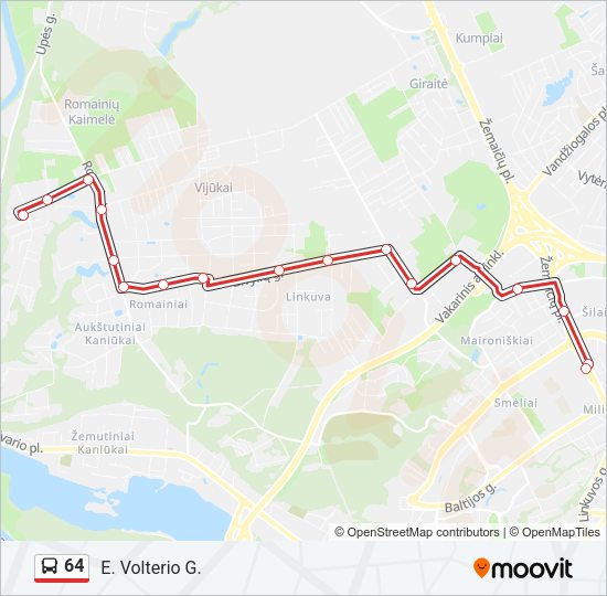 64 autobusas kelionės žemėlapis