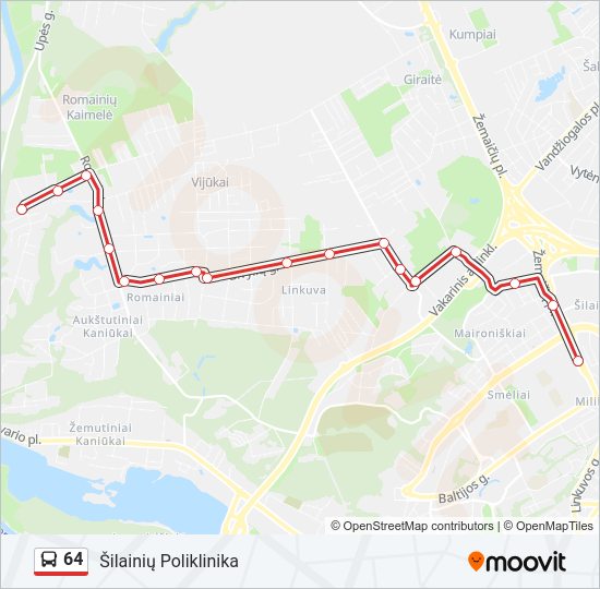 64 autobusas kelionės žemėlapis