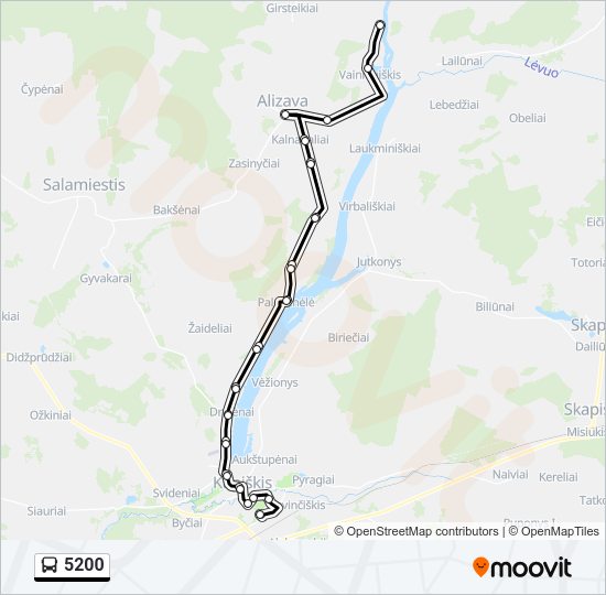 5200 autobusas kelionės žemėlapis
