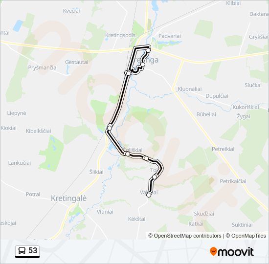 53 autobusas kelionės žemėlapis