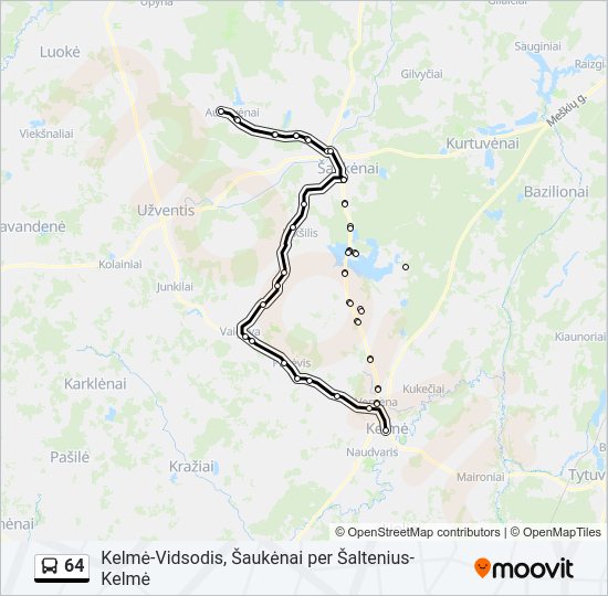64 autobusas kelionės žemėlapis