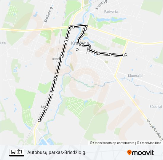 Ž1 autobusas kelionės žemėlapis