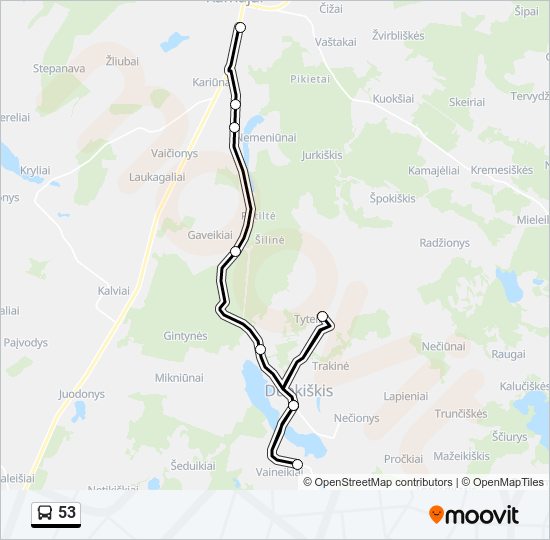 53 autobusas kelionės žemėlapis