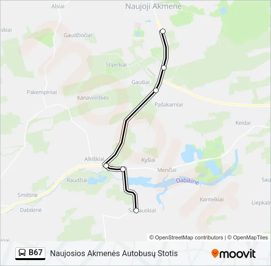 B67 autobusas kelionės žemėlapis
