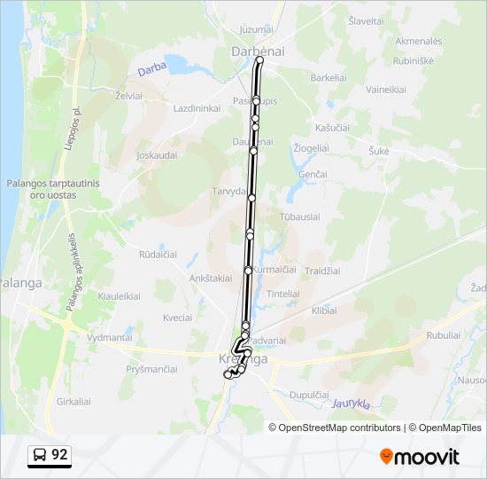 92 autobusas kelionės žemėlapis