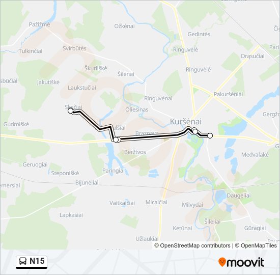 N15 autobusas kelionės žemėlapis