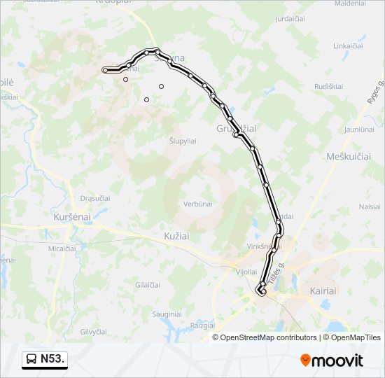 N53. autobusas kelionės žemėlapis
