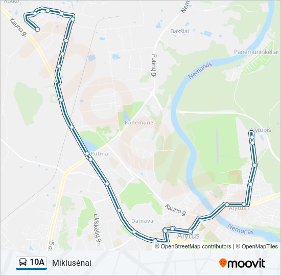 10A autobusas kelionės žemėlapis
