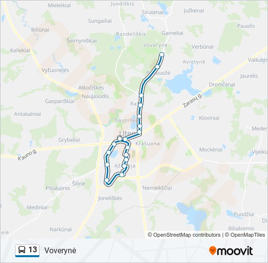 13 autobusas kelionės žemėlapis