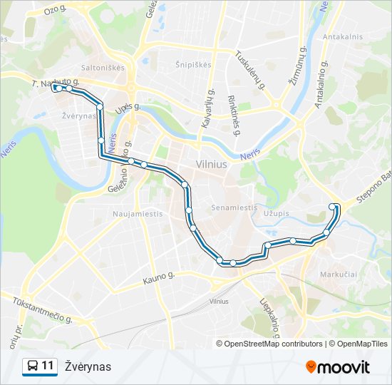 11 autobusas kelionės žemėlapis