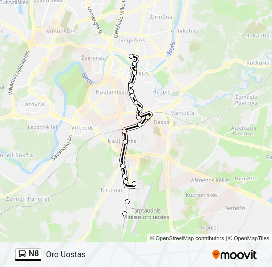 N8 autobusas kelionės žemėlapis