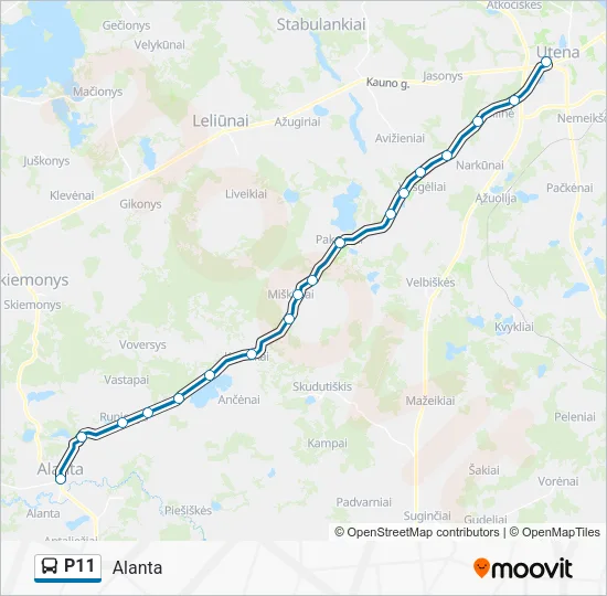 P11 autobusas kelionės žemėlapis