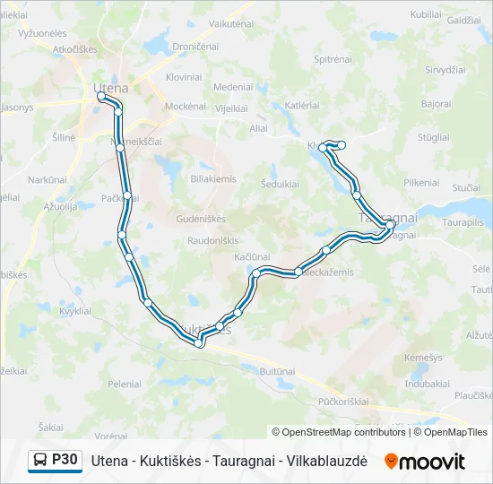 P30 autobusas kelionės žemėlapis