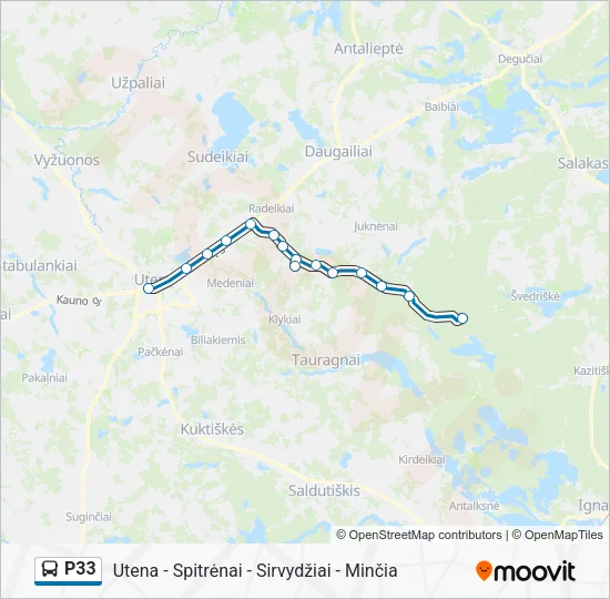 P33 autobusas kelionės žemėlapis