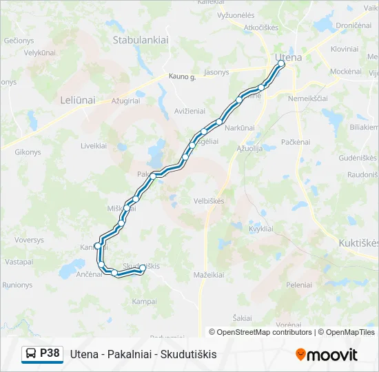 P38 autobusas kelionės žemėlapis