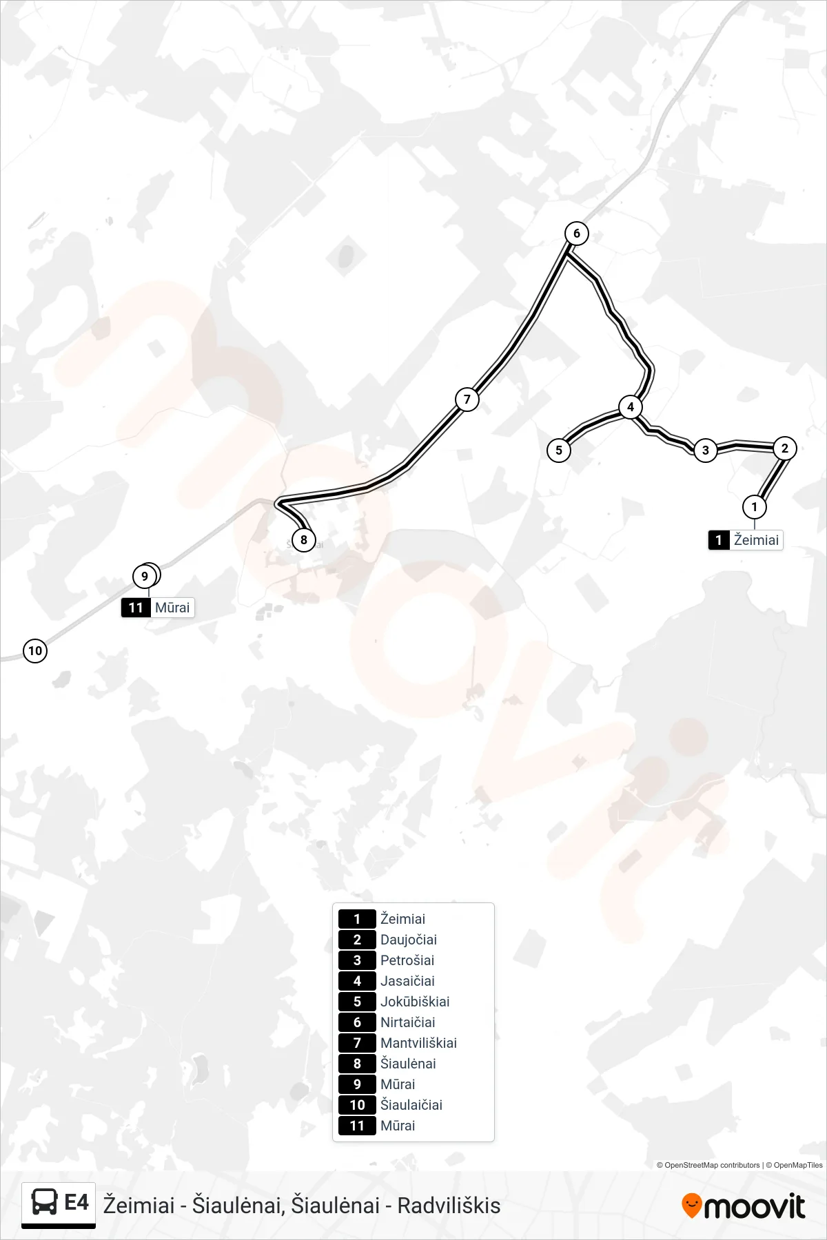 E4 bus Line (Šiaulėnai) route and stops on a map