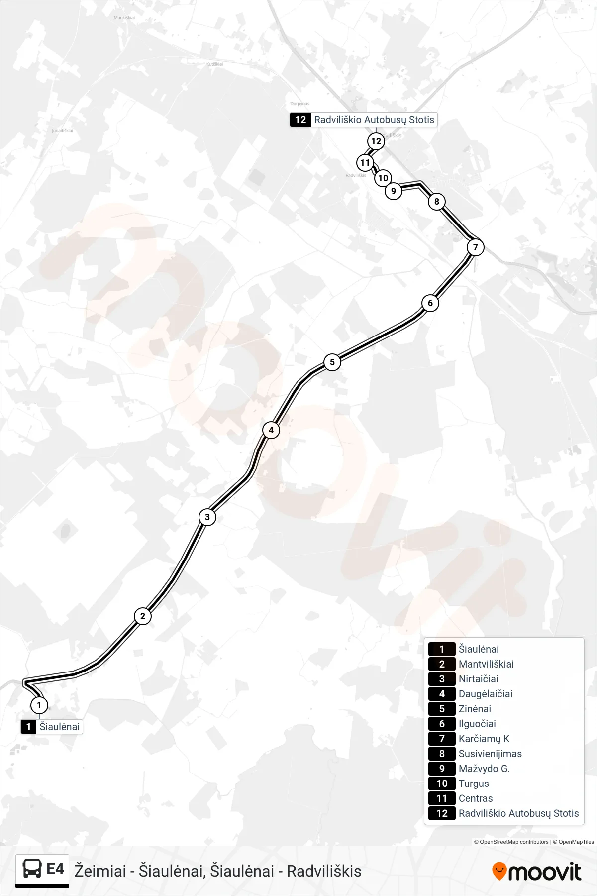 E4 bus Line (Radviliškio Autobusų Stotis) route and stops on a map