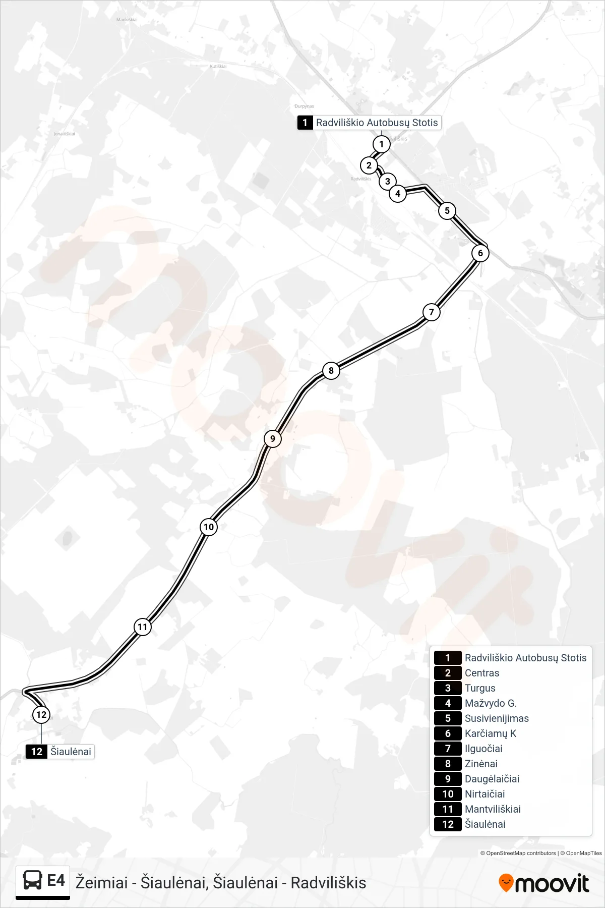 E4 bus Line (Šiaulėnai) route and stops on a map