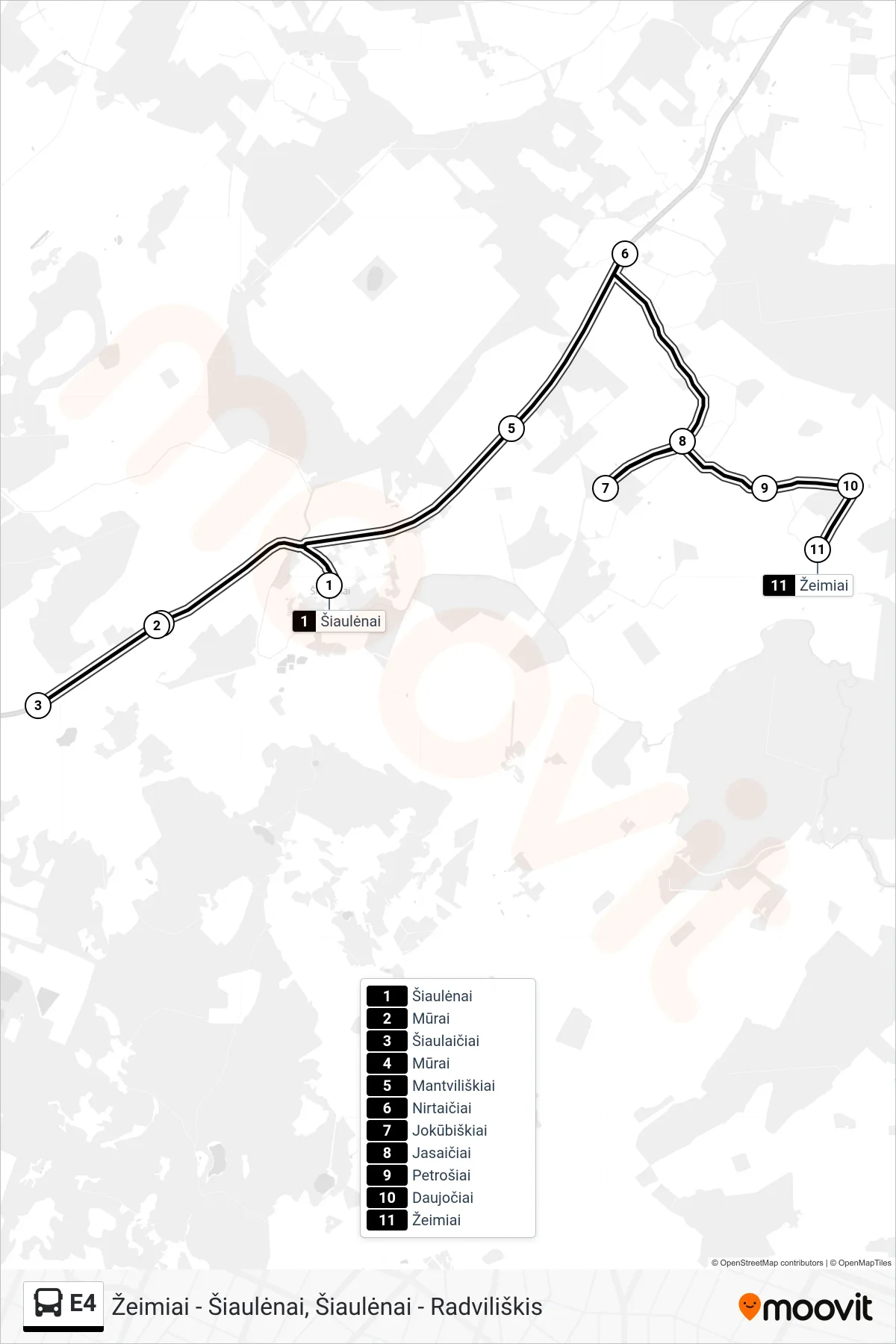 E4 bus Line (Žeimiai) route and stops on a map