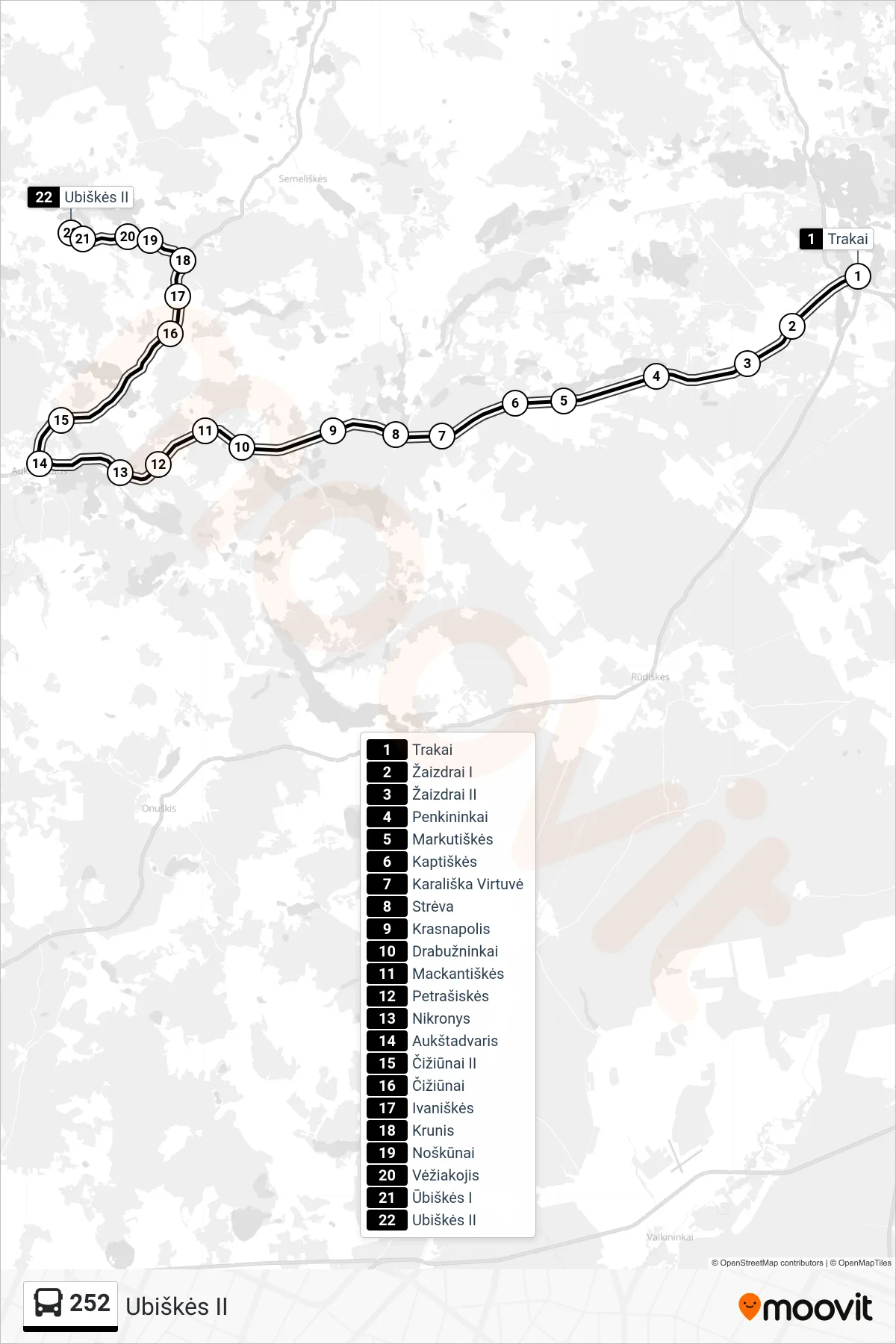 252 bus Line (Ubiškės II) route and stops on a map
