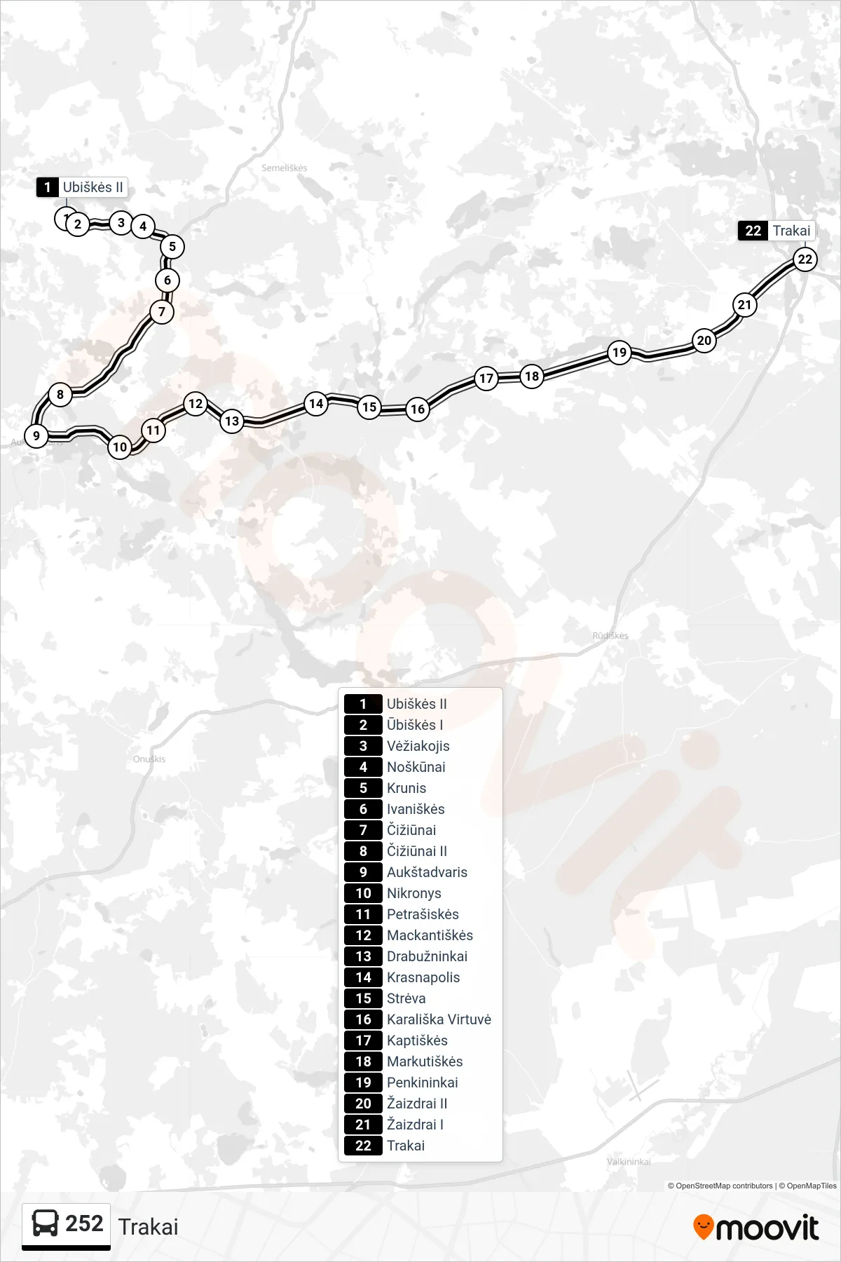 252 bus Line (Trakai) route and stops on a map