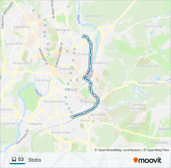 53 autobusas kelionės žemėlapis
