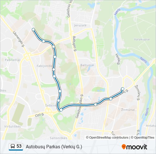 53 autobusas kelionės žemėlapis