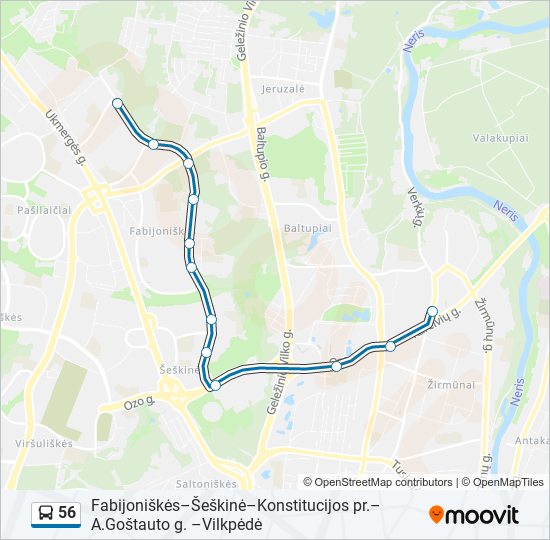 56 autobusas kelionės žemėlapis