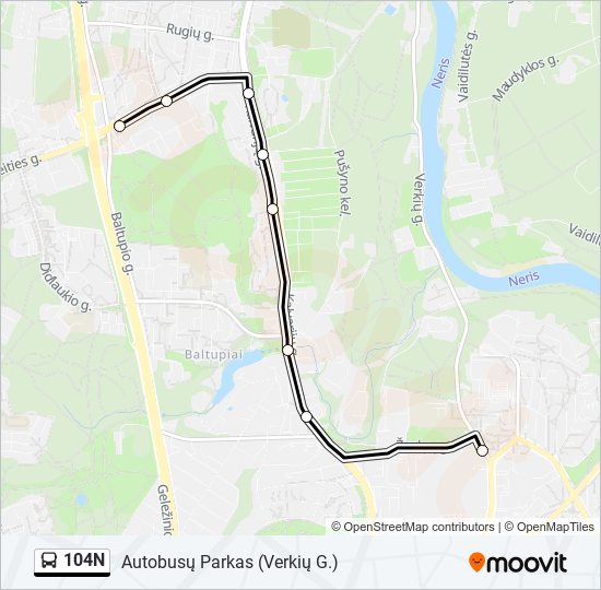 104N autobusas kelionės žemėlapis