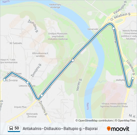 50 autobusas kelionės žemėlapis