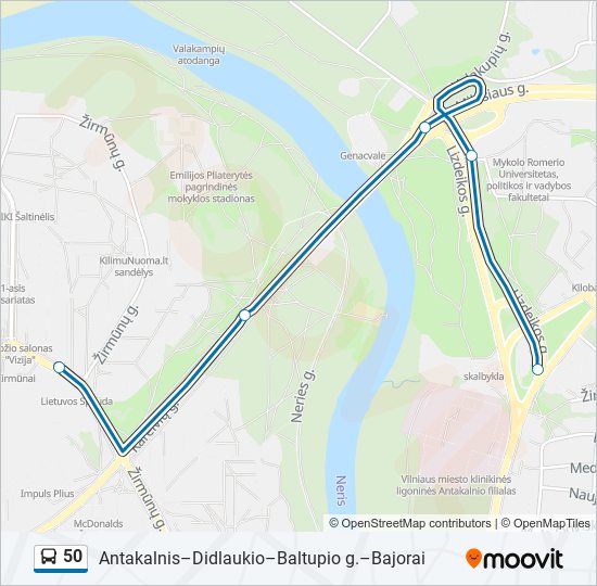 50 autobusas kelionės žemėlapis