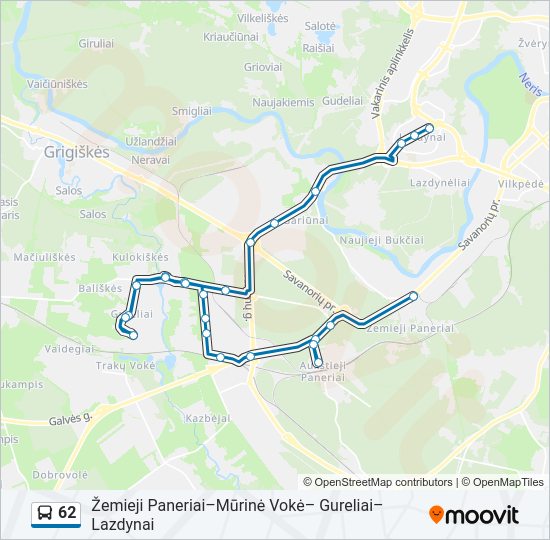 62 autobusas kelionės žemėlapis