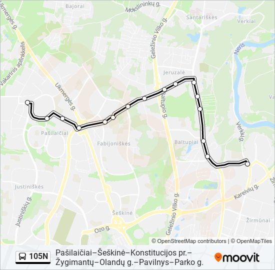 105N autobusas kelionės žemėlapis