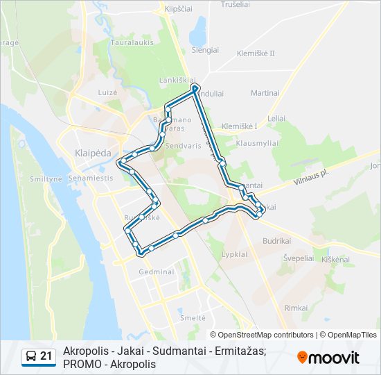 21 autobusas kelionės žemėlapis